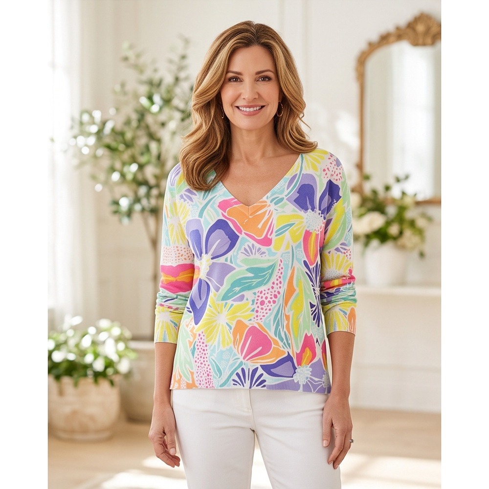 Leo & Ugo Paris France 3 Floral Soft Cozy V-Neck Sweater Multicolor Knit Top XL